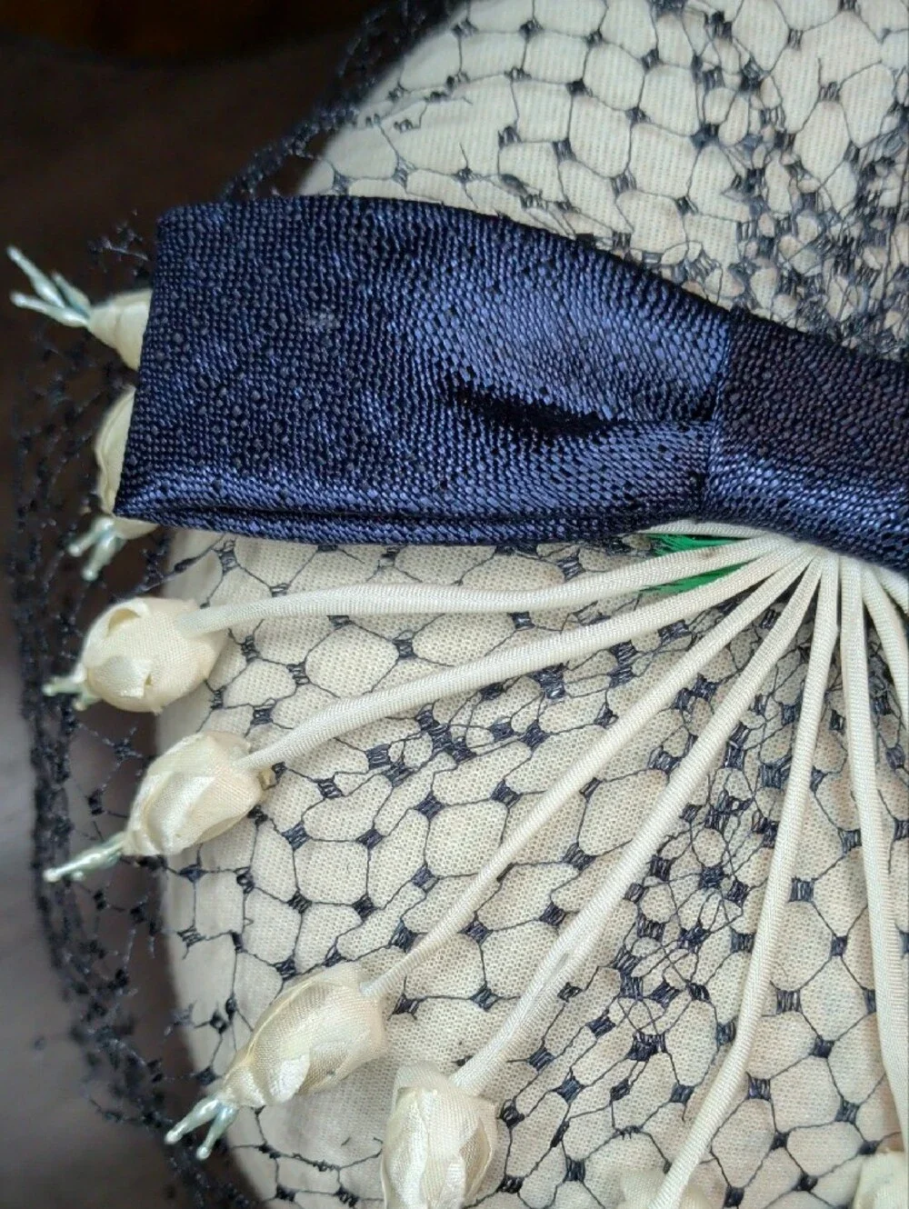 Vintage 60s Navy Blue Bow Veil Hair Fascinator w/ Draping Rose Buds MCM